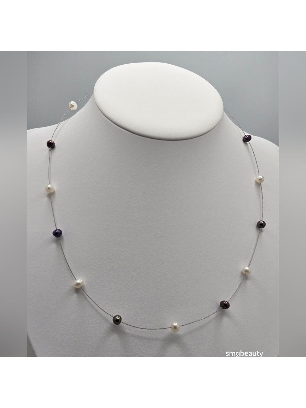 Floating Black & White Freshwater Pearl Necklace 17" Sterling Silver 925 Wire